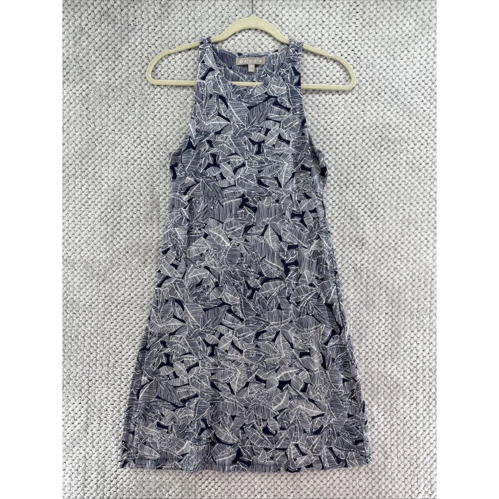 Athleta Santori Palm Print Tank Dress Womens XS Blue Jersey Stretch Crew Neck